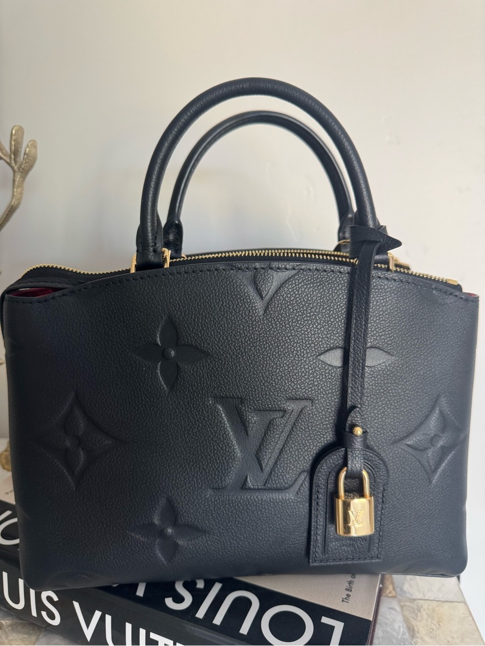 Louis Vuitton Black Embossed Monogram Satchel with Gold Hardware